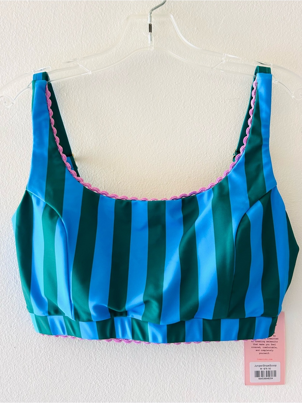 Striped Blue & Teal Scoop Bikini Top with Pink Trim